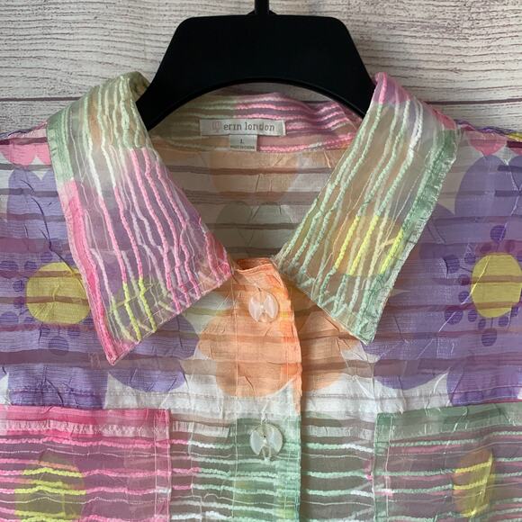 Erin London Pastel Floral Sheer Textured Button Down Jacket Spring Shirt Size L - Picture 13 of 16